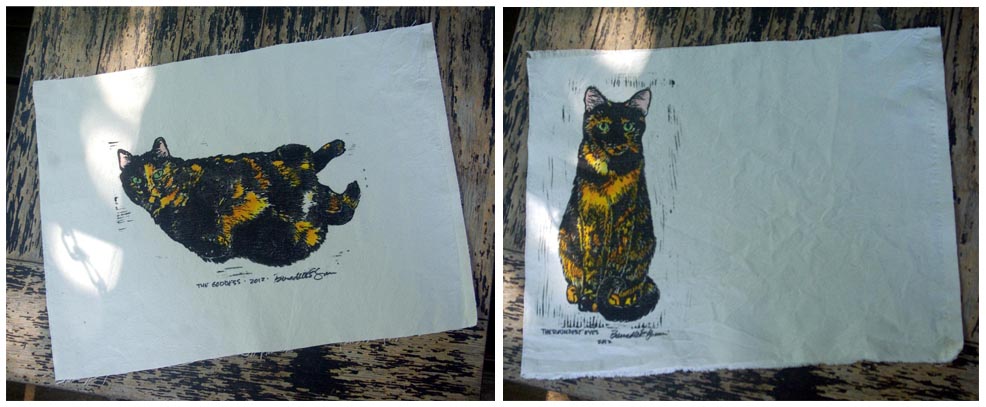 hand-printed placemats with tortoiseshell cats