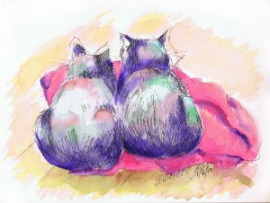 watercolor of two cats on a blanket