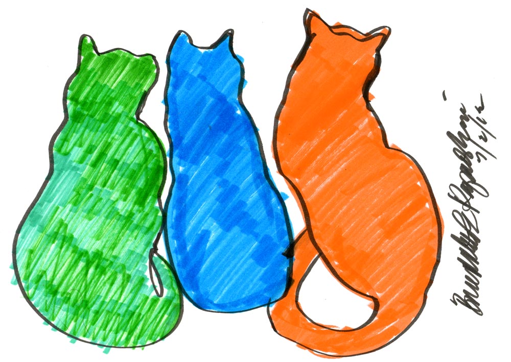 three cat shapes in color