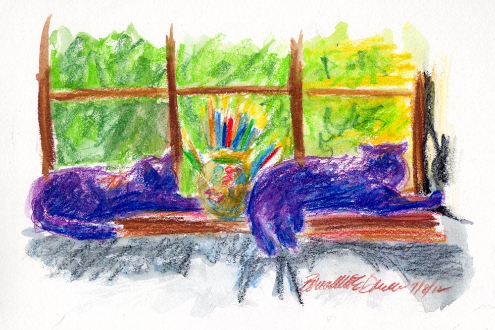 watercolor of two cats on windowsill