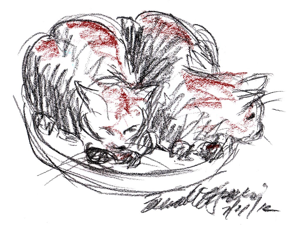 sketch of two cats on stool