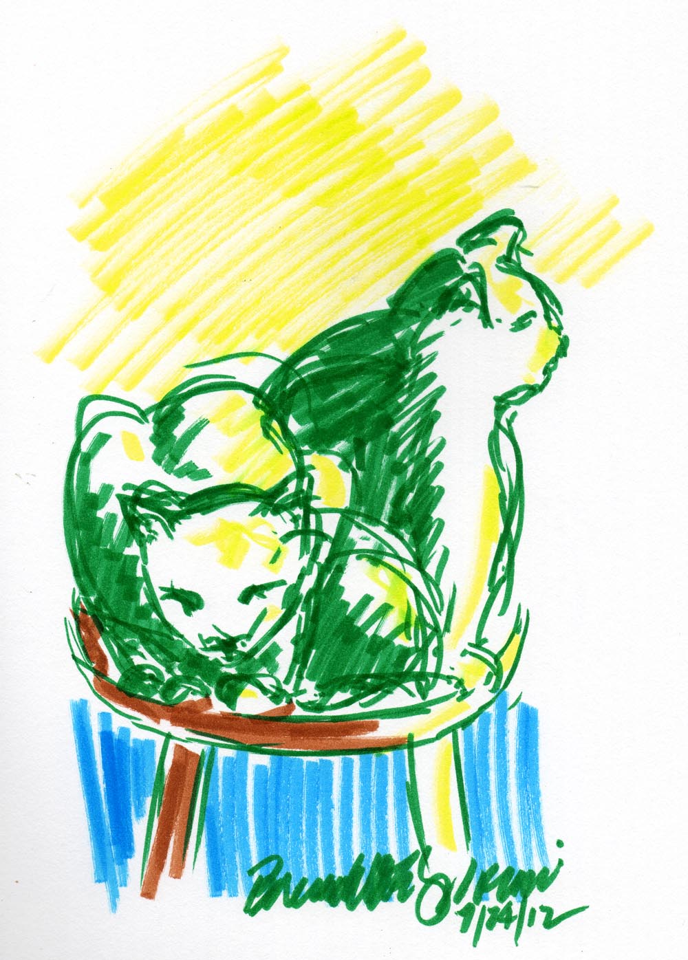 marker sketch of two cats on chair