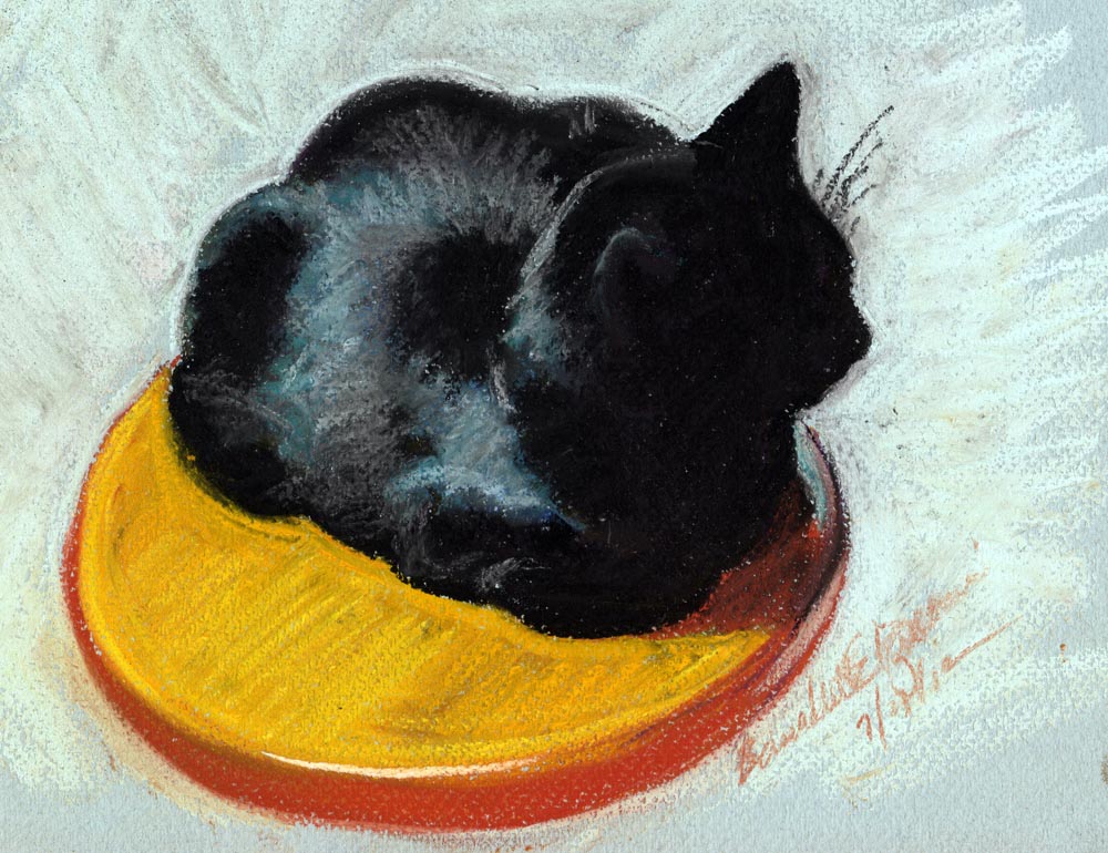 pastel sketch of black cat on stool