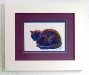framed oil pastel sketch of cat