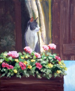 painting of cat at window