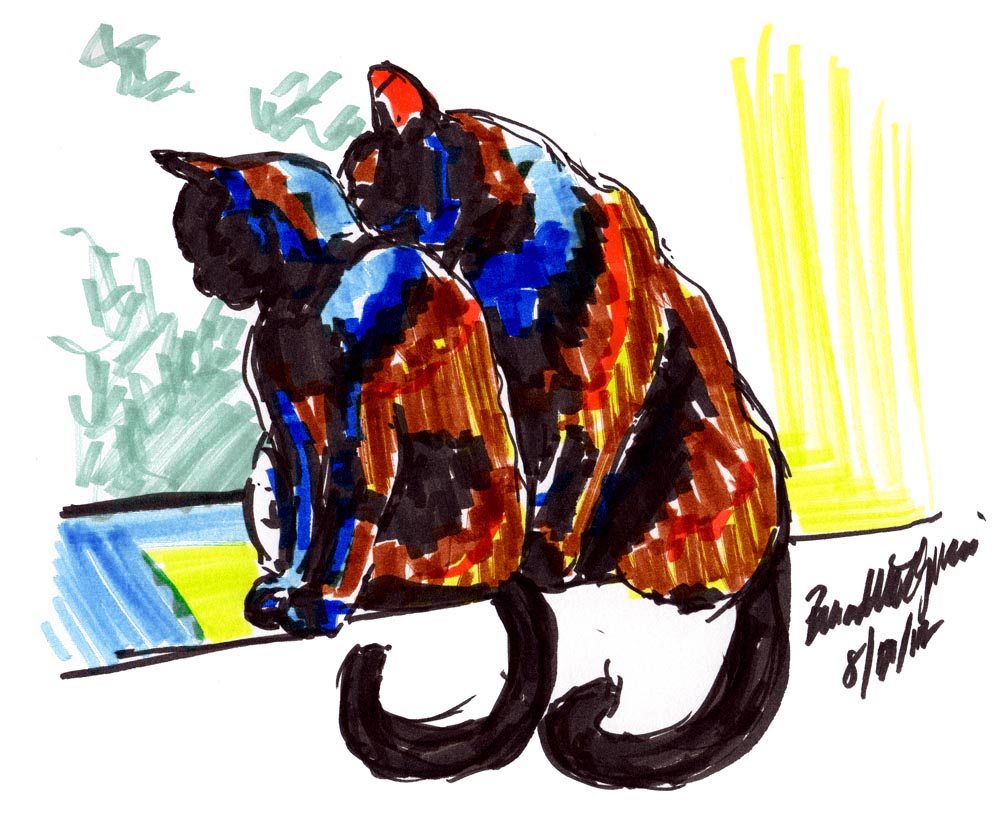 marker sketch of two cats on windowsill