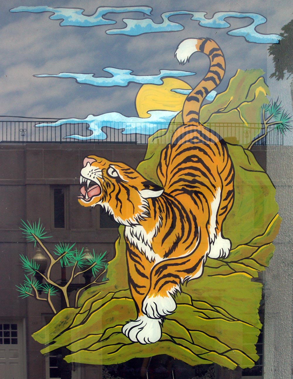 art of tiger painted on window