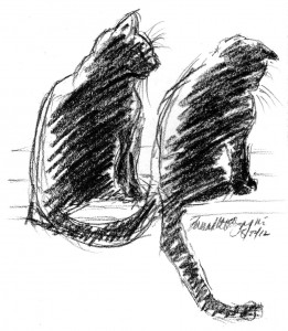 charcoal sketch of two cats on sunny windowsill