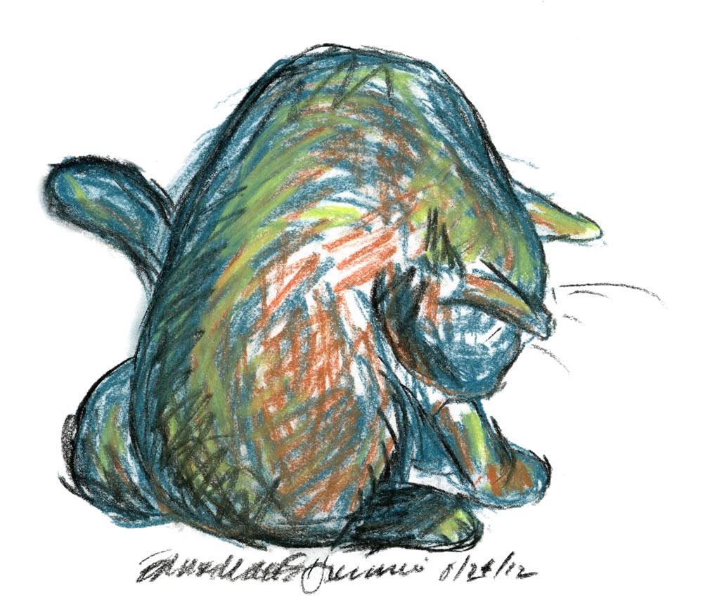 pastel sketch of cat bathing