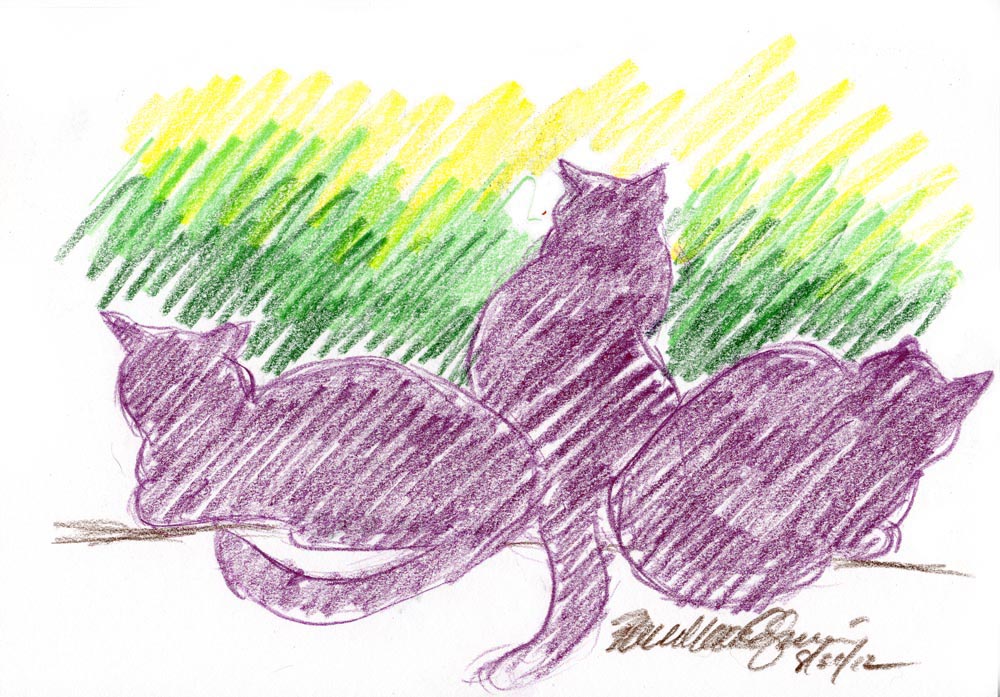 sketch of three cat silhouettes at window in colored pencil