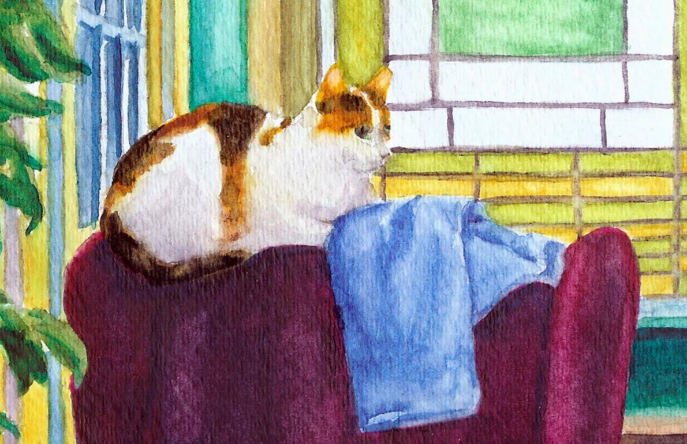 detail of watercolor painting of cat