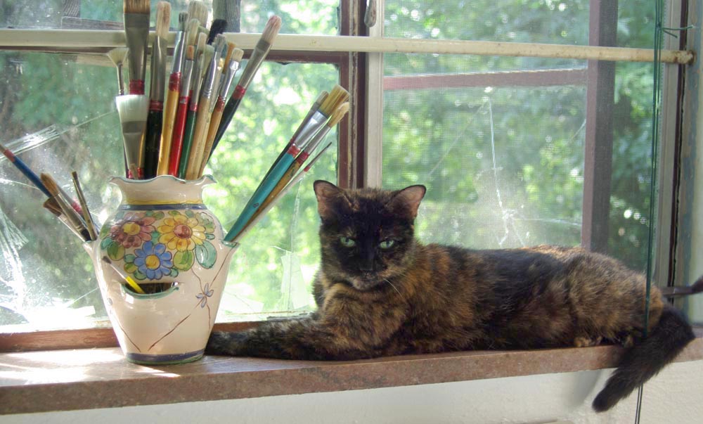 tortoiseshell cat on windowsill with paintbrushes