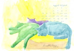 desktop calendar watercolor of three cats