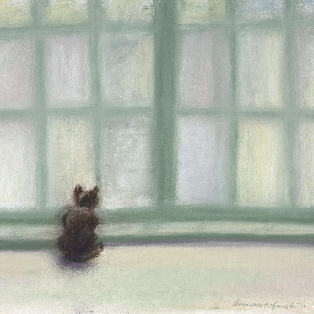 pastel painting of cat looking out window