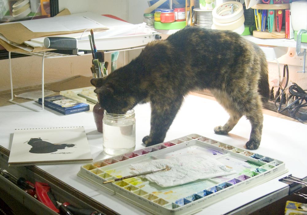 tortoiseshell cat drinking water with watercolors