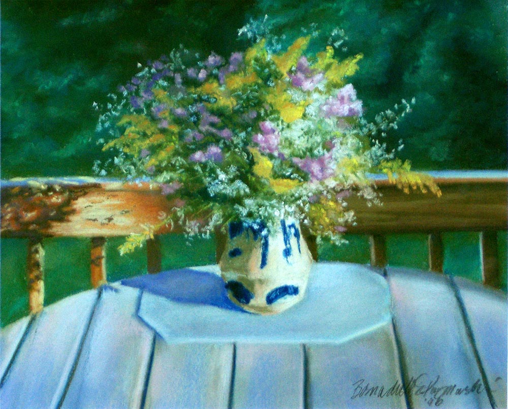 pastel painting of vase of autum wildflowers