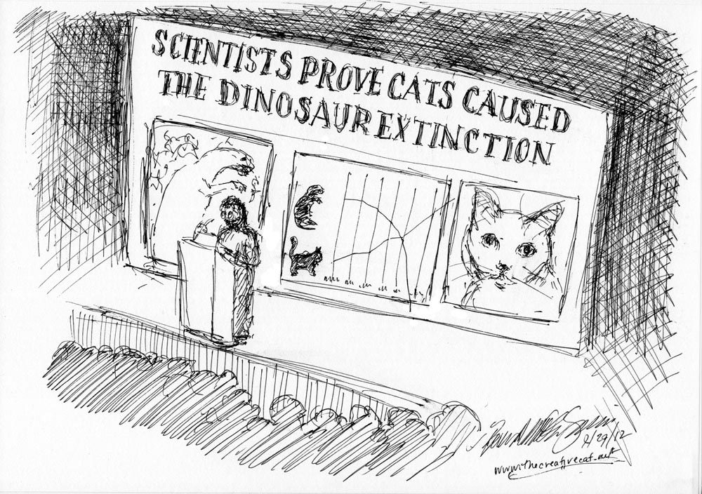 cartoon showing cats caused dinosaur extinction