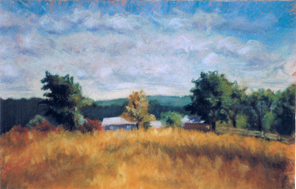 pastel painting of hilltop farm