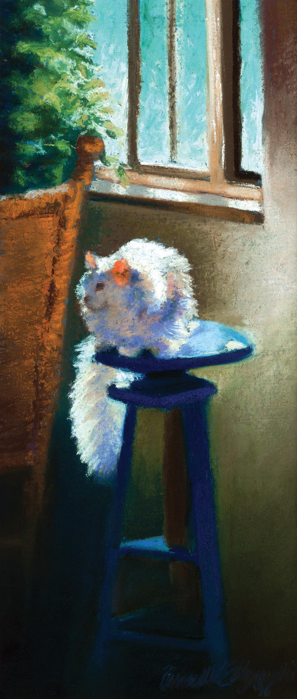 pastel painting of white cat on stool