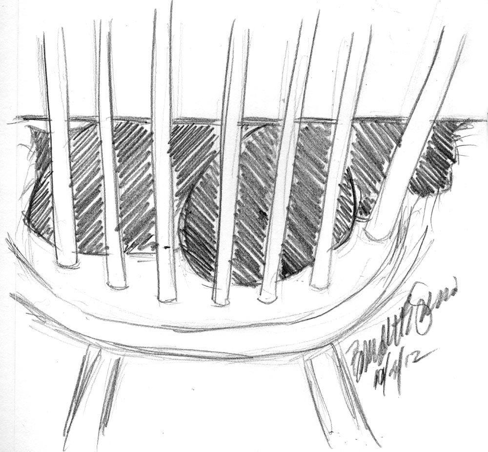 pencil sketch of two cats on chair under table