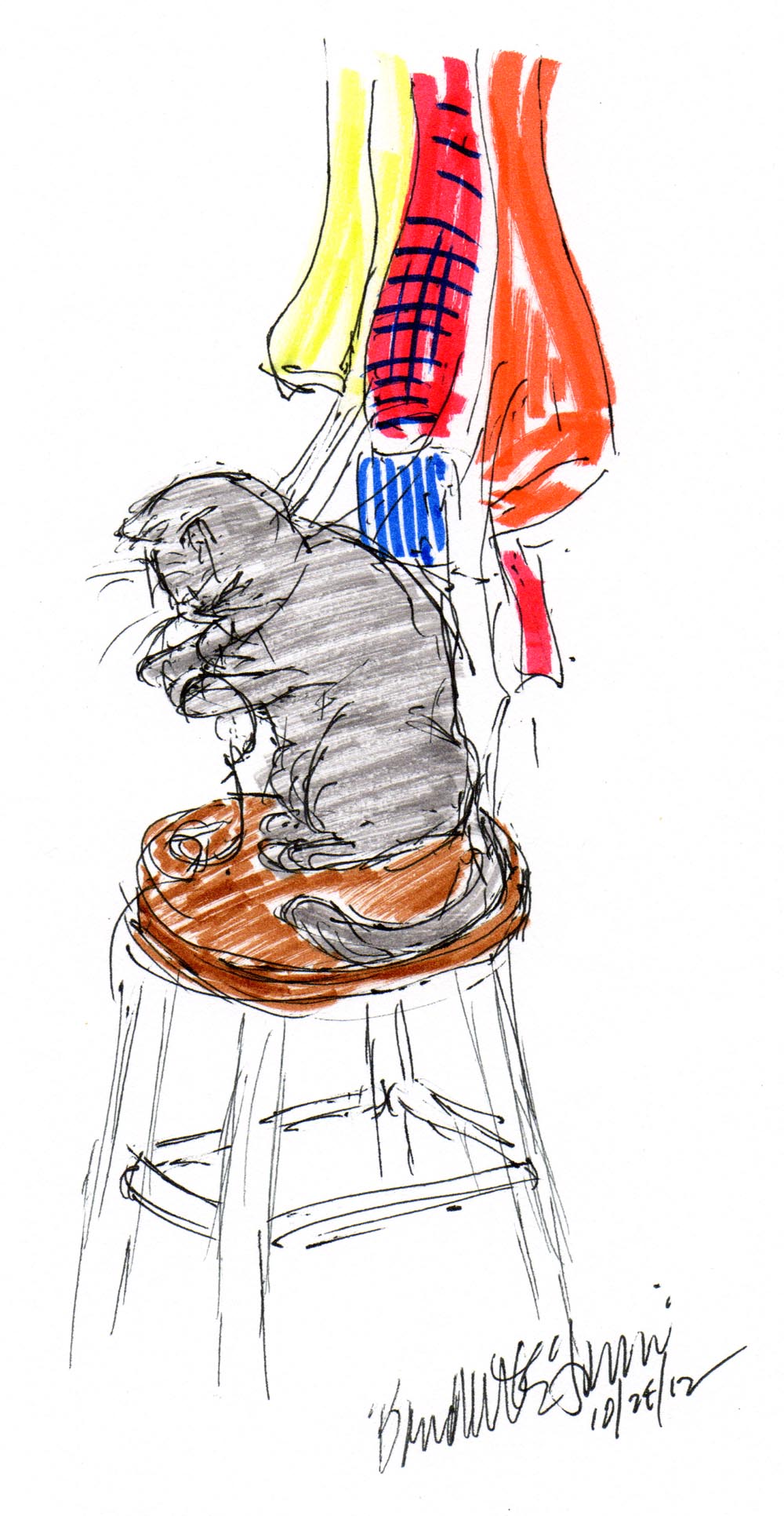 ink and marker sketch of cat with apron strings