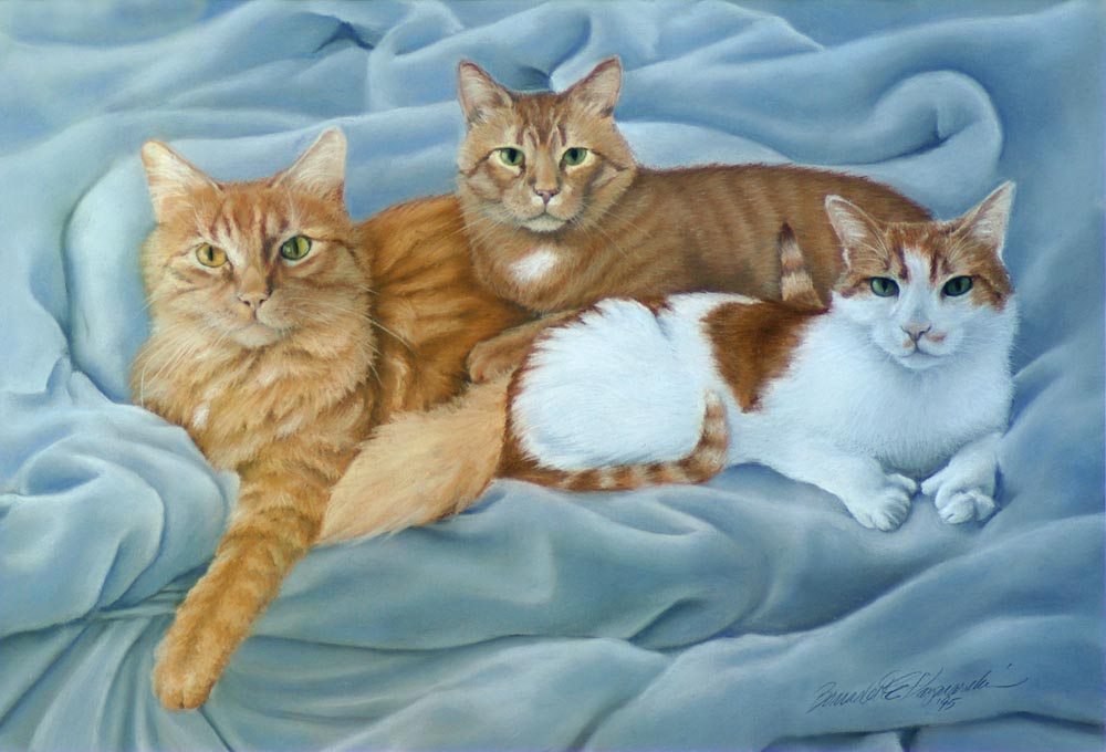 pastel portrait of three orange cats