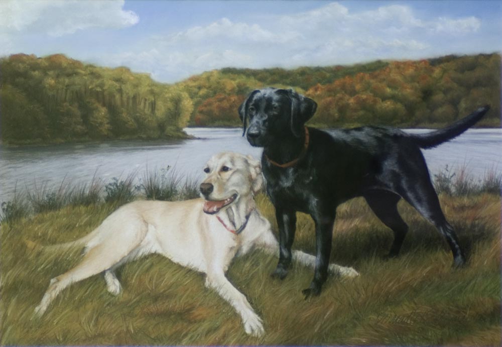 pastel portrait of two labs
