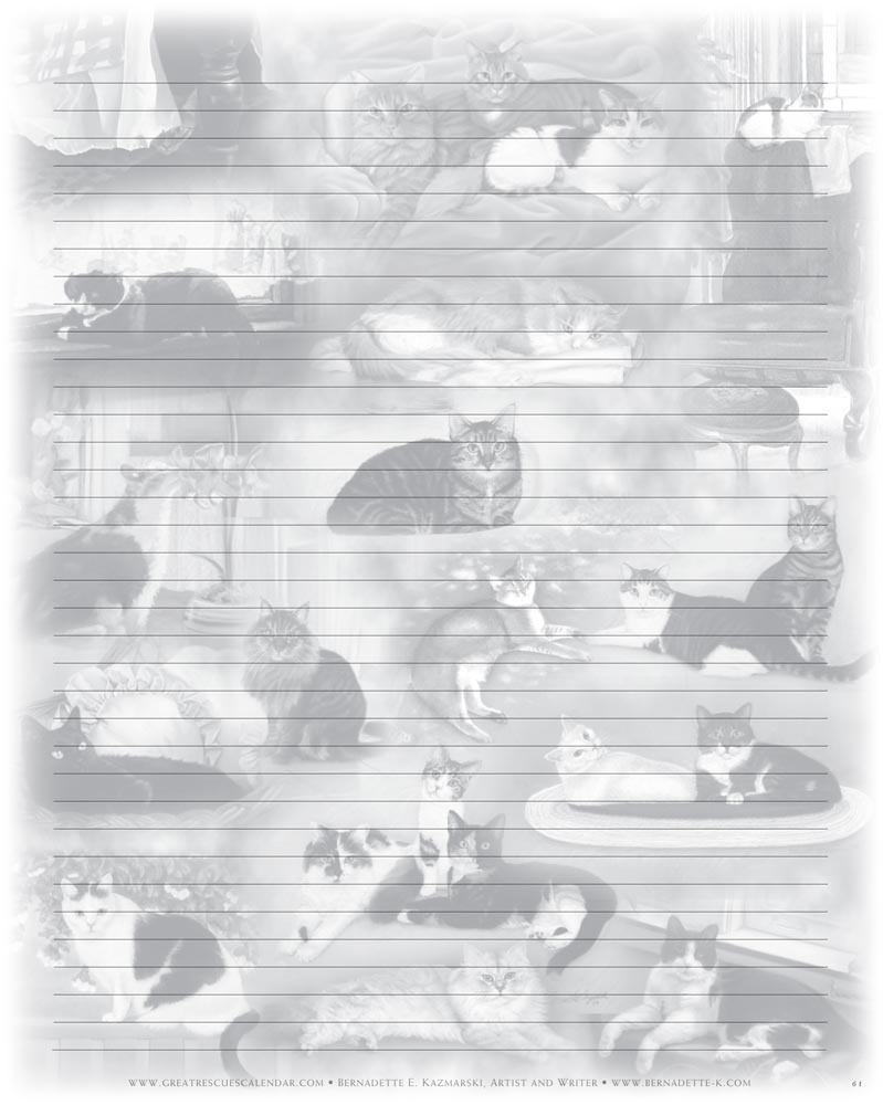 black and white notebook paper featuring a collage of cats