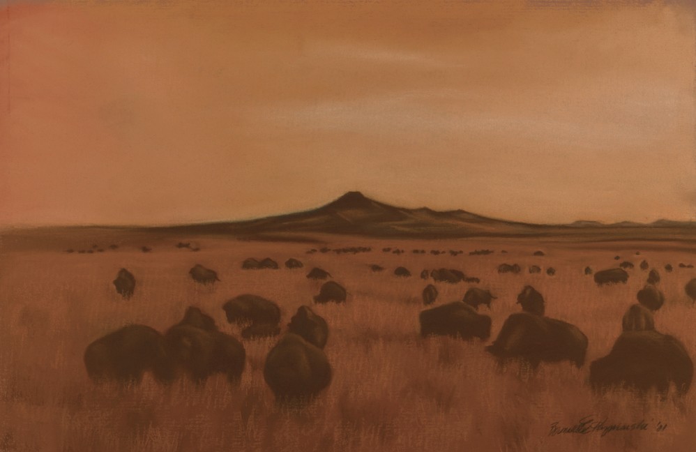 pastel painting of bison at twilight