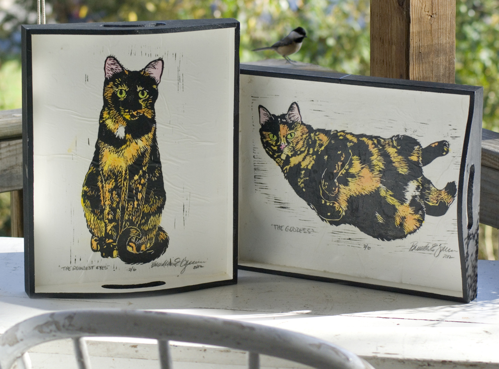 wooden trays with tortoiseshell cats