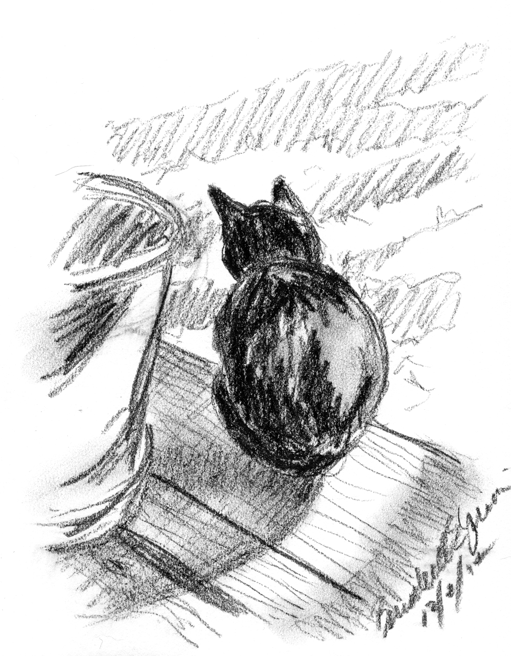 charcoal sketch of black cat on step