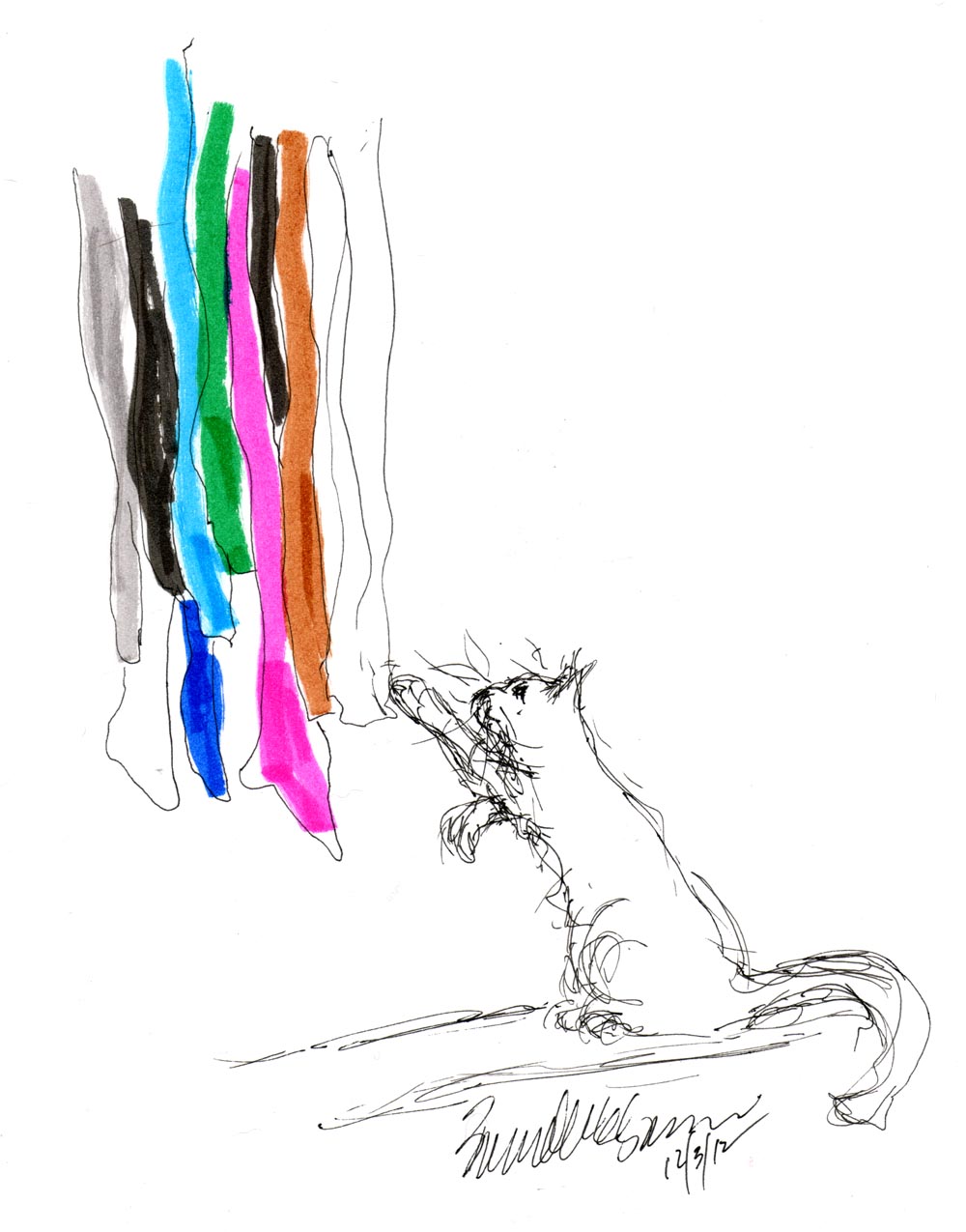 sketch of cat swatting at colored hosiery