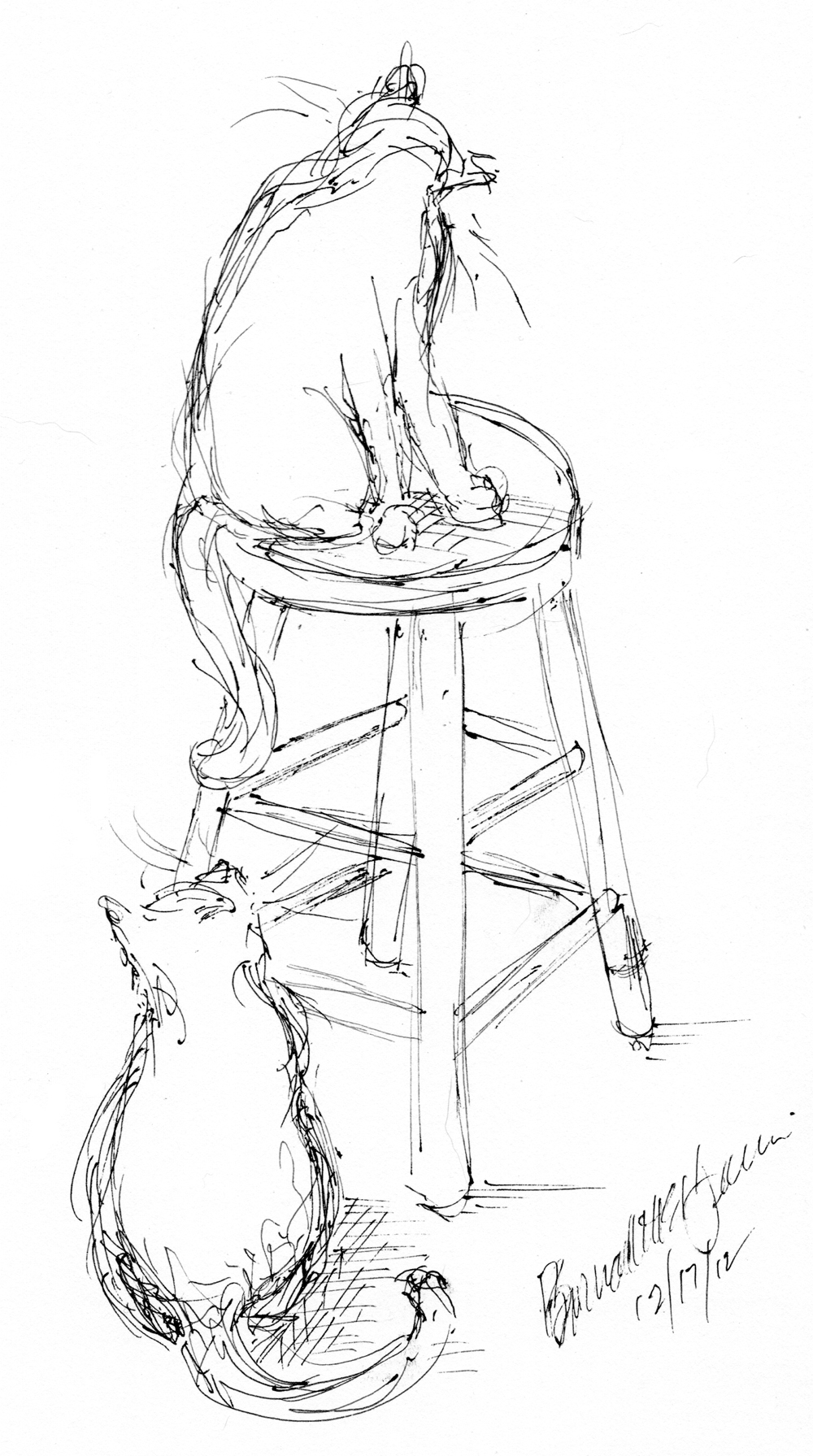 ink sketch of two cats playing