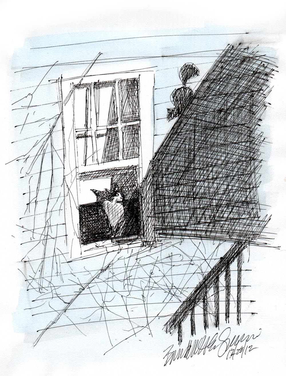 ink sketch of cat looking out window at squirrel