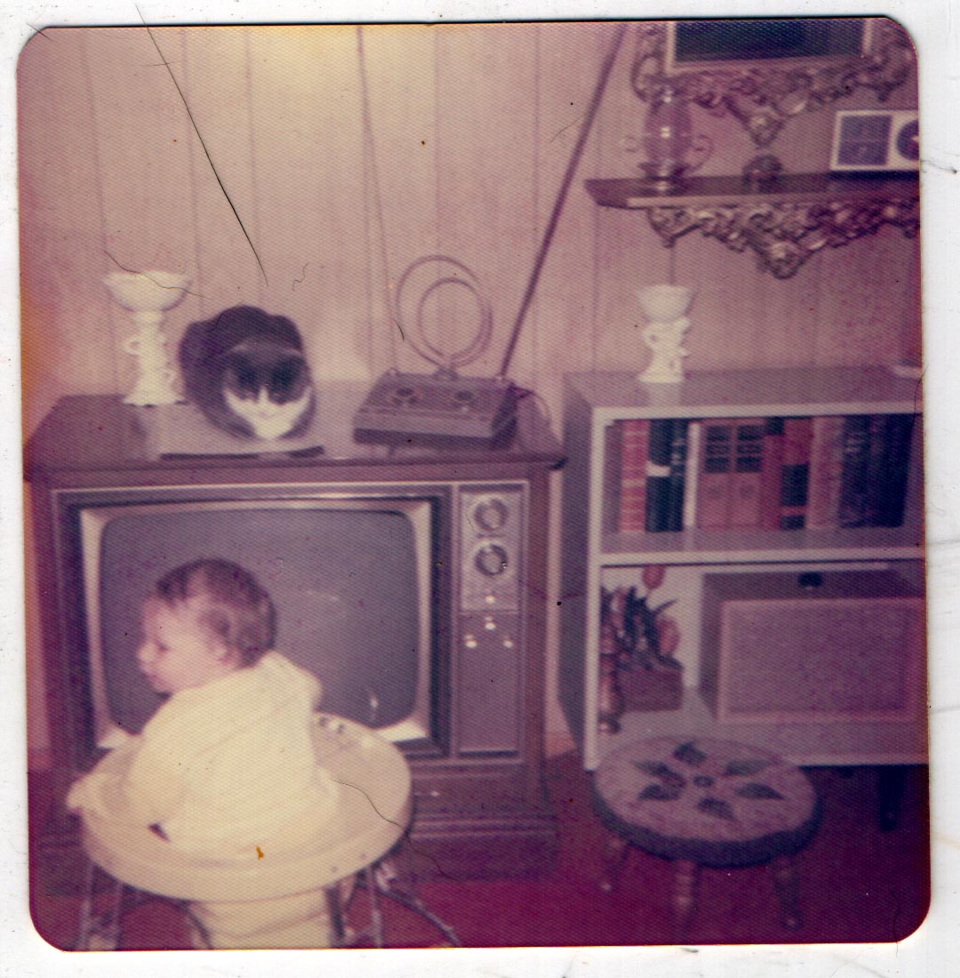 cat on TV looking at child