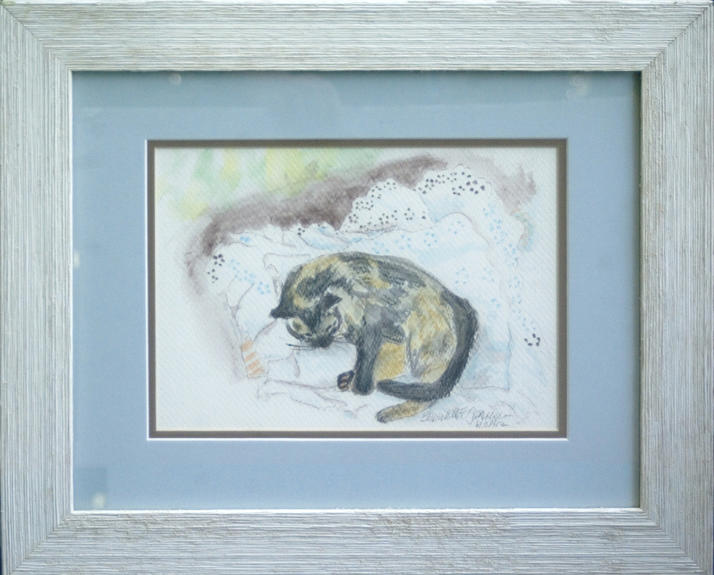 framed watercolor of cat