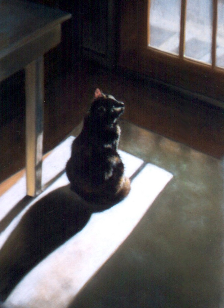 painting of cat looking out door