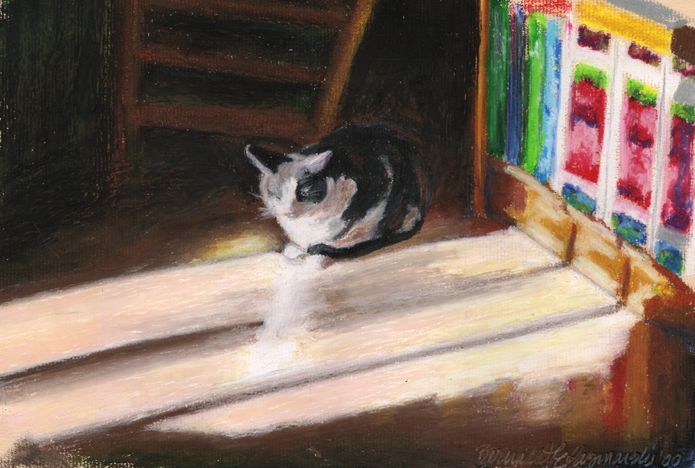 oil pastel painting of cat in sun