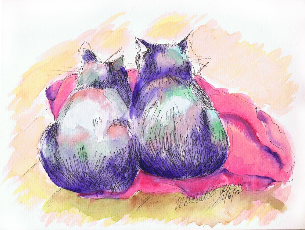 two cats on red blanket