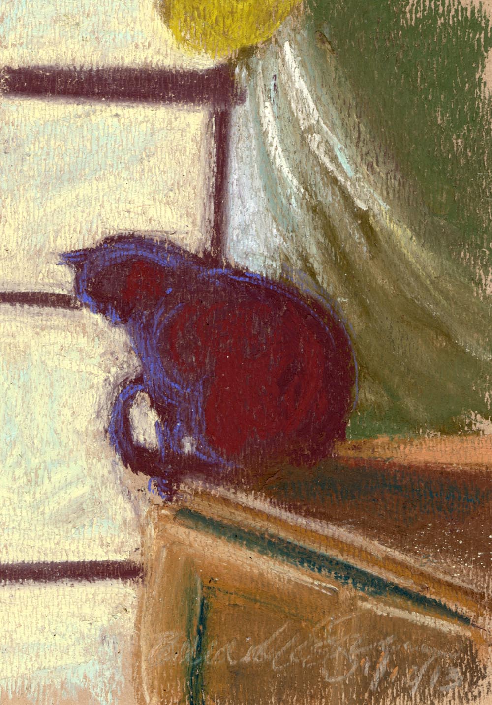 pastel sketch of cat looking out window