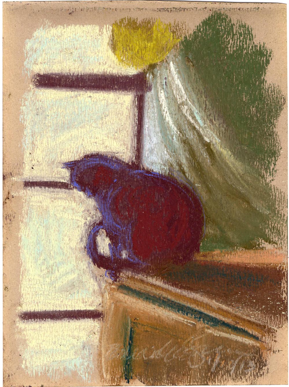 pastel sketch of cat looking out window