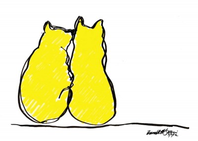 card design of two cats in yellow outlined in black