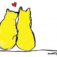 card design of two cats in yellow outlined in black with heart
