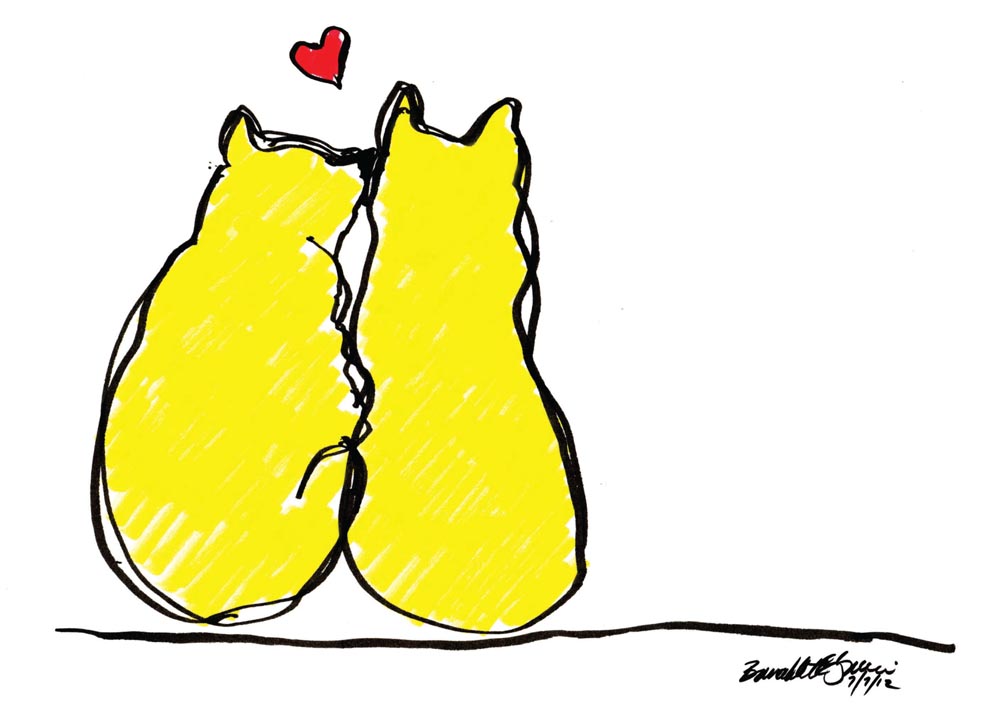 card design of two cats in yellow outlined in black with heart