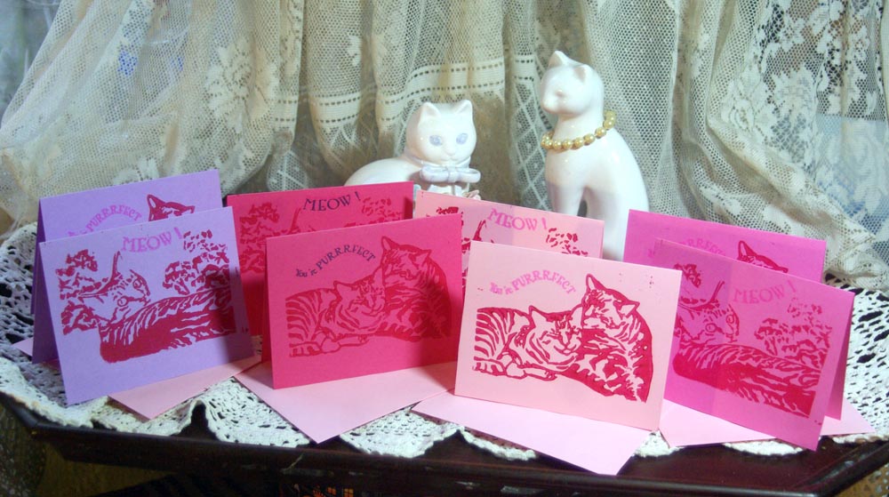 block print valentine cards with cats