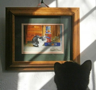 black cat looking at painting