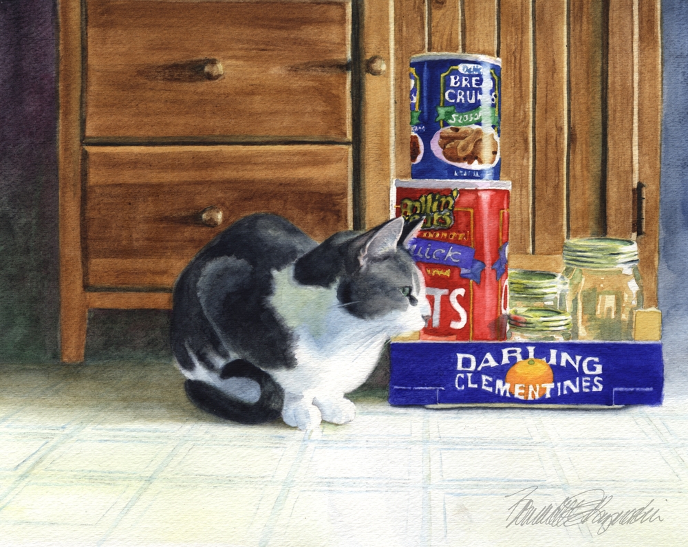 watercolor of cat in kitchen