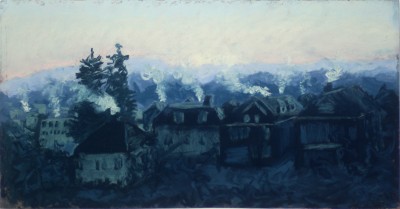 pastel painting of frosty winter sunrise over houses