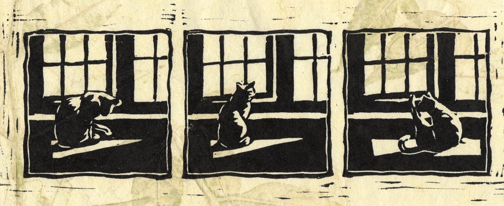 block print of cat at window