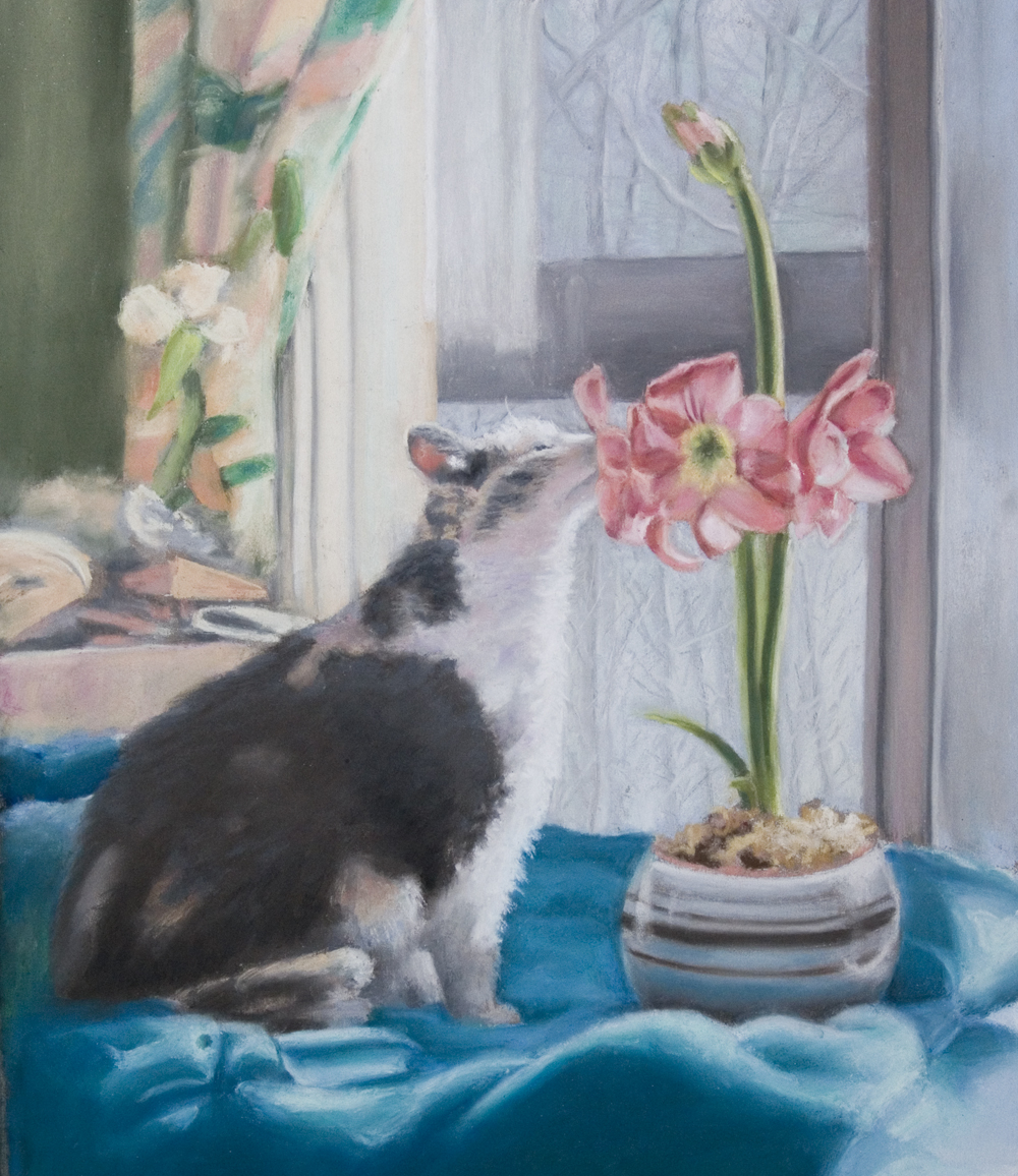 pastel portrait of cat with flowers